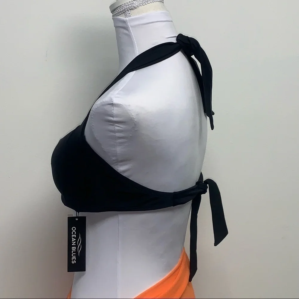 OCEAN BLUES Size S Black Ruched Halter Swim Top